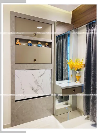 A closer look at the foldable study table and dressing unit in the 9x9 feet kid's bedroom. The table folds down from the wall, and the dressing unit is sleek and compact, demonstrating our commitment to space-saving interior design.