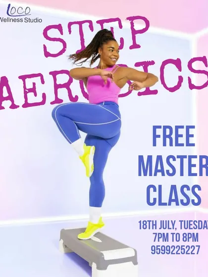 The poster for our free Step Aerobics Master Class. These workshops are a fantastic opportunity to boost your cardiovascular health with dynamic routines and expert instruction.