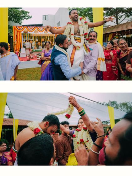 The groom being lifted by his family and the couple exchanging garlands, moments of pure joy and celebration.