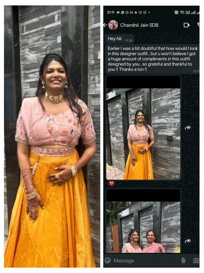 Chandni lit up the room in this mustard lehenga and soft pink blouse. We love that she stepped out of her comfort zone and received so many compliments!