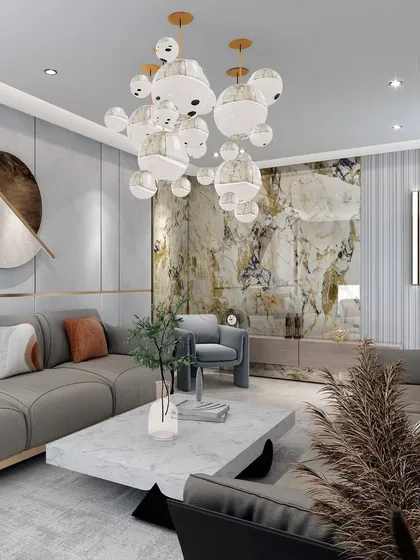 Another angle of the living room, highlighting the contrast between the opulent marble wall and the simple, elegant furniture. The space feels both dramatic and comfortable.