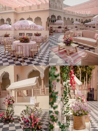 A collage of the pretty pink-themed welcome lunch and Haldi in Jaipur. It showcases the elegant seating lounges, floral-adorned carts, and the overall romantic ambiance of the courtyard setting.