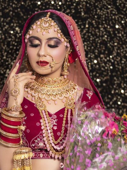 A full bridal look featuring a pink Kundan set with matching kalire. This shows how you can get the complete bridal accessory package from me.