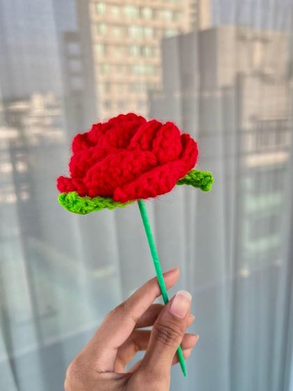 My crochet roses are a perfect, lasting alternative to fresh flowers. This single red rose stem is handmade by me and will look just as beautiful years from now.