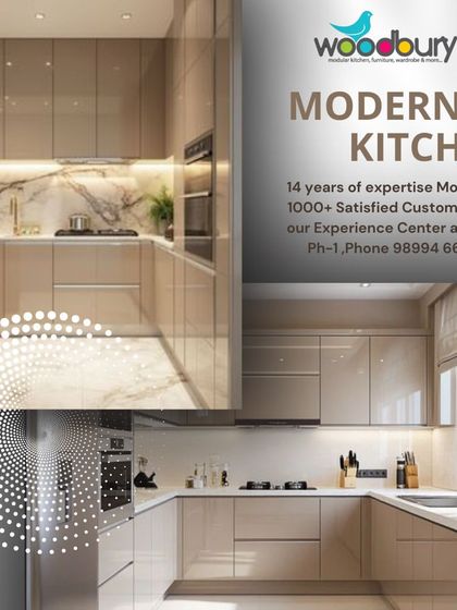 A modern kitchen concept in a glossy beige finish, paired with a beautiful marble-patterned backsplash. The handle-less design keeps the look clean and uncluttered.