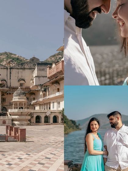 This collage captures the variety of a destination photoshoot, from grand architectural views to intimate close-ups by the water, showcasing a complete romantic narrative.