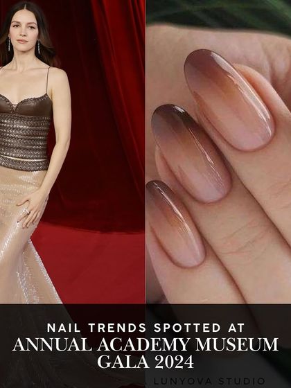 Ombre nails with a sophisticated twist, as seen at the Annual Academy Museum Gala. This gradual fade from nude to a deep brown is a chic and modern choice.