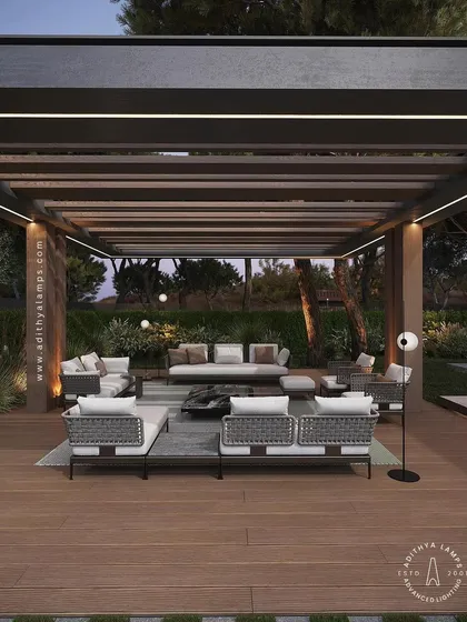 Our profile lights are versatile enough to be used on outdoor structures like this pergola. The integrated lighting turns the patio into a usable and atmospheric space well into the evening.