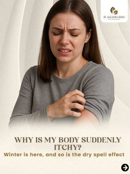 A sudden onset of generalized body itchiness, or pruritus, during winter is often due to the "dry spell effect." The rapid drop in humidity causes the skin barrier to crack and lose moisture, leading to irritation.