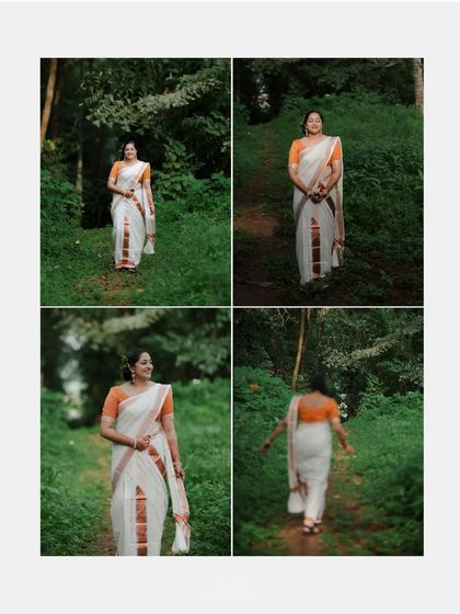A collage of a bride in a classic Kerala kasavu saree, captured in a lush, natural setting.
