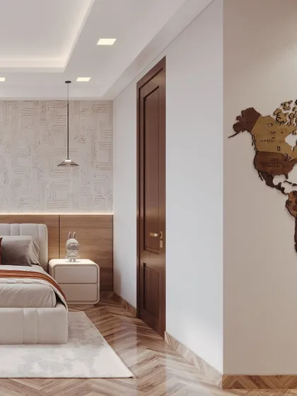 A view showing the wooden world map wall art, a personalized touch that my visualization brings to life.