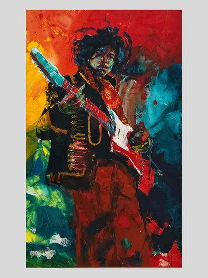 The energy of Jimi Hendrix is electric, and I wanted this 5x3 feet acrylic painting to feel the same. The explosive colors and raw strokes are meant to make you almost hear the music coming from the canvas.