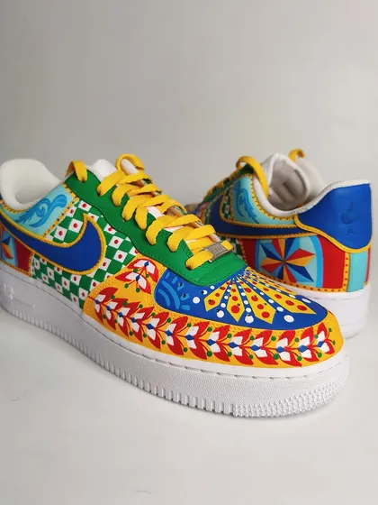 A look at another pair of my colourful, Indian-inspired Nike Air Force 1s. The combination of green, yellow, blue, and red with intricate patterns makes for a stunning piece of footwear.