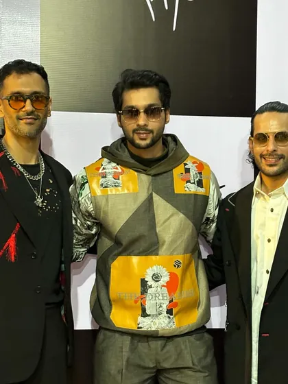 Abhishek Kumar with myself and Vikram Bajaj, wearing the Solar Flare Set. The suede hoodie with nappa patches is the centerpiece of this effortlessly cool, contemporary ensemble.