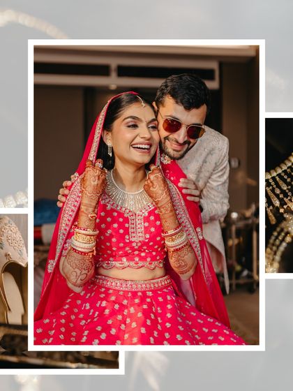 A collage capturing the happy couple, along with details like the groom's shoes and the bride's necklace. We document the big picture and the small details.