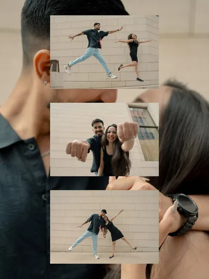 This collage captures the fun and energetic side of a couple's personality. From jumping for joy to playful poses, it shows that a pre-wedding shoot can be all about having a great time together.