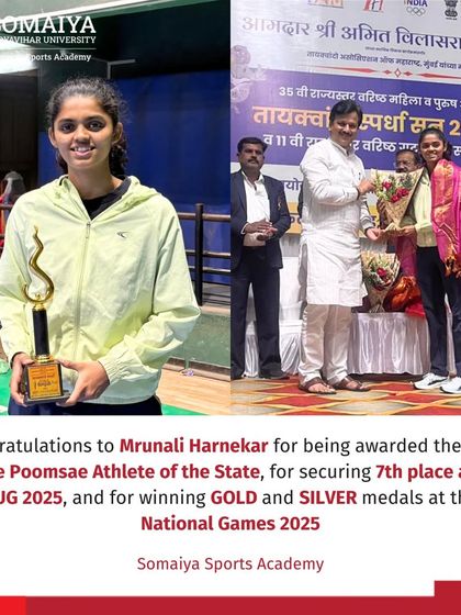 Mrunali Harnekar is awarded the Best Female Poomsae Athlete of the State, a recognition of her consistent excellence and medal-winning performances at the national level.