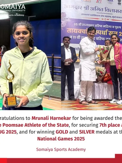 Mrunali Harnekar is awarded the Best Female Poomsae Athlete of the State, a recognition of her consistent excellence and medal-winning performances at the national level.