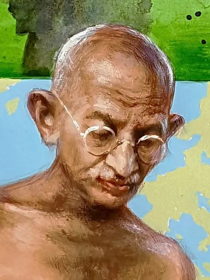 A focused look at the portrait of Mahatma Gandhi within the larger composition.