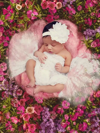 A baby sleeping peacefully in a nest surrounded by a field of vibrant pink and purple flowers.