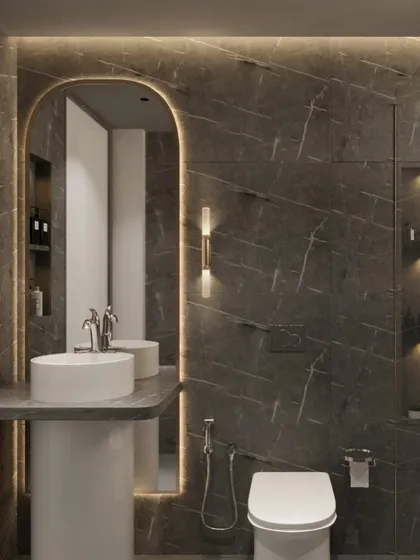 A 3D concept for a bathroom with a grey and beige theme. This design features a large, arched backlit mirror and dark marble-look tiles to create a luxurious and moody atmosphere.