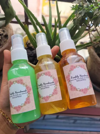 A trio of my facial mists. Here you can see the variety I offer, including cucumber, vitamin C, and gold mists, each designed to tone, hydrate, and refresh your skin.