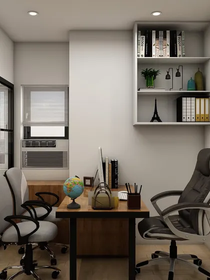 A wider angle of the compact office cabin, showing the relationship between the executive desk and the floating shelves. Every element is chosen to maximize function in a limited footprint.