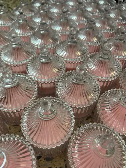 A large order of our small crystal candles getting ready for Diwali gifting. The pink color and crystal jar make for a luxurious yet affordable gift.
