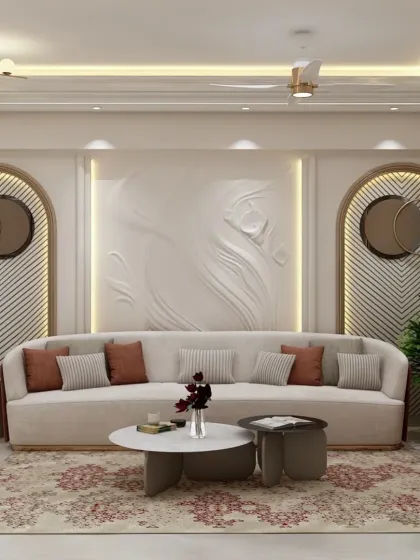 A living room with a beautiful feature wall combining a 3D relief sculpture with two arched, fluted niches. The design is symmetrical, balanced, and incredibly elegant.