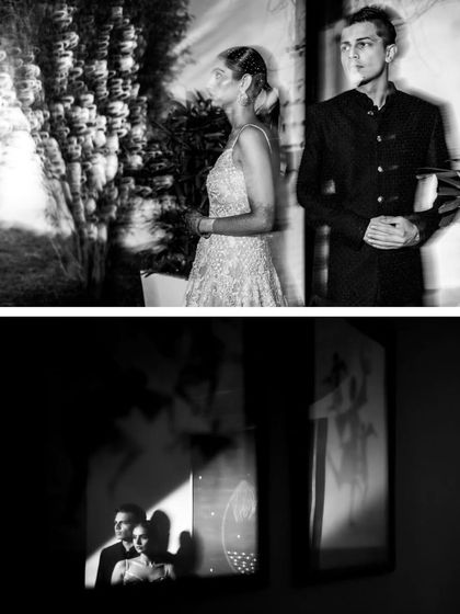 A collage of artistic black and white shots, playing with motion blur and projected shadows to create modern and editorial couple portraits.