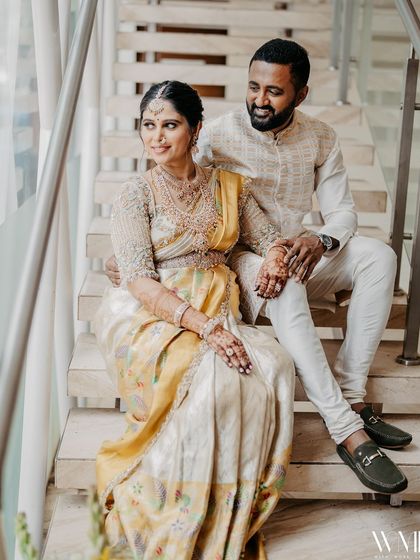 A relaxed and happy portrait of my husband and me. Our custom-designed outfits were perfect for celebrating this special milestone.