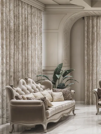 This shot highlights the luxurious texture of the damask curtains and the soft upholstery of the classic sofa.