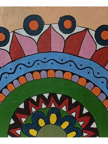 A semi-circular mandala-style mural with intricate patterns and a vibrant colour scheme. This type of design adds a spiritual or bohemian touch to a space.