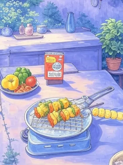 An AI-generated scene in the style of Studio Ghibli, showing an outdoor kitchen setup for a barbecue shoot. This image captures the dreamy, animated aesthetic we love, blending our passion for food styling with a touch of cinematic magic.