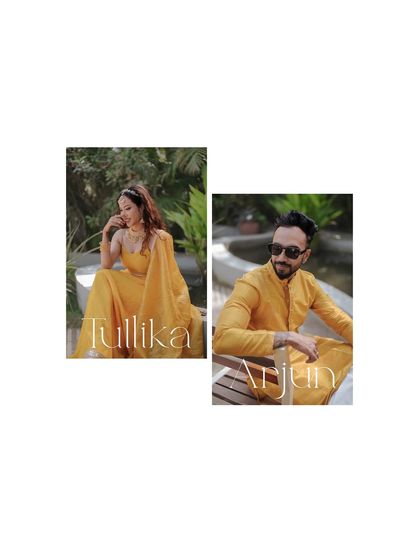 A diptych showing individual portraits of the bride and groom for their Haldi ceremony, highlighting their names, Tullika and Arjun.