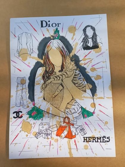 This was a fun, fashion-themed custom illustration. I incorporated brand logos and personal elements into a collage-style portrait, using coffee, fine-liners, and a splash of color.