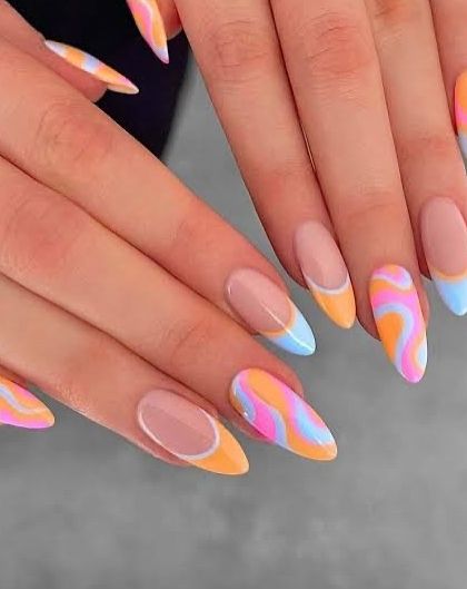 A groovy, multi-colored swirl design for summer. The combination of pastel orange, blue, and pink creates a fun, retro vibe that's perfect for the season.
