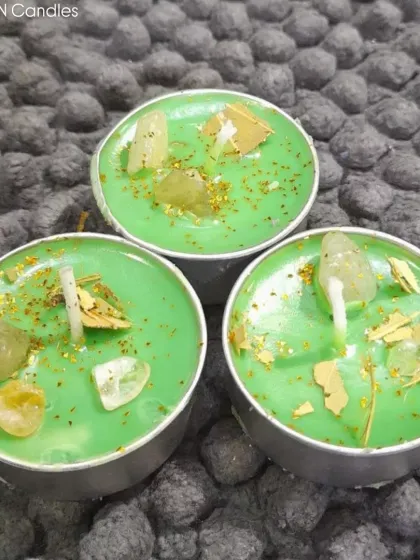 Our Navratri candles are all set to light up your homes. These green tealights are infused with healing crystals and gold flakes for extra positive energy.