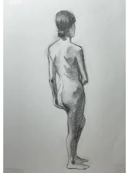 A figure drawing in charcoal on paper, based on the same pose. Drawing is fundamental to my practice, and studies like this help strengthen my understanding of anatomy and form.
