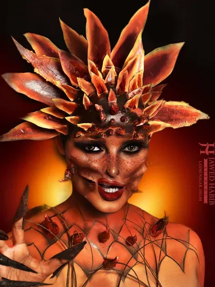The final result of the incredible fire-elemental fantasy makeup. This is an example of the expert-level work our director, Seema Goel, creates and teaches.