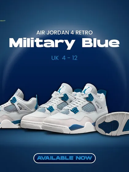 A full look at the Air Jordan 4 Retro 'Military Blue'. This graphic shows the shoe from multiple angles, highlighting the off-white leather and distinct blue accents.