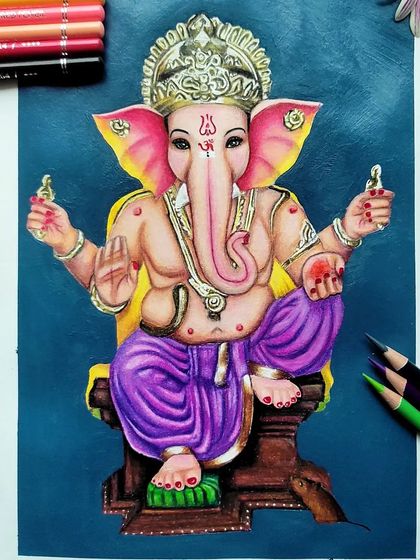 Another angle of the completed Ganesha drawing, showing the rich colors and textures achieved with Brustro artists' colored pencils on Bristol smooth paper.
