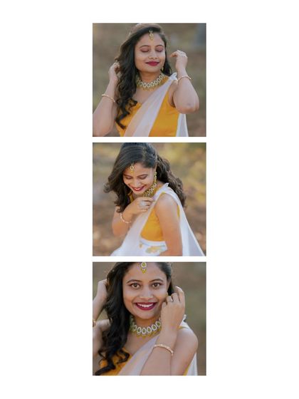 A vertical collage of a bride's portraits from her Haldi ceremony, capturing her happy and serene expressions.