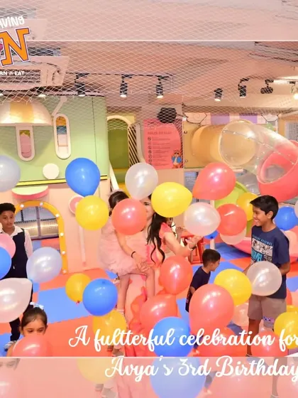 A flutterful celebration for Avya's 3rd birthday. This image shows the joy of the balloon shower, a favorite moment for kids and a great photo opportunity.