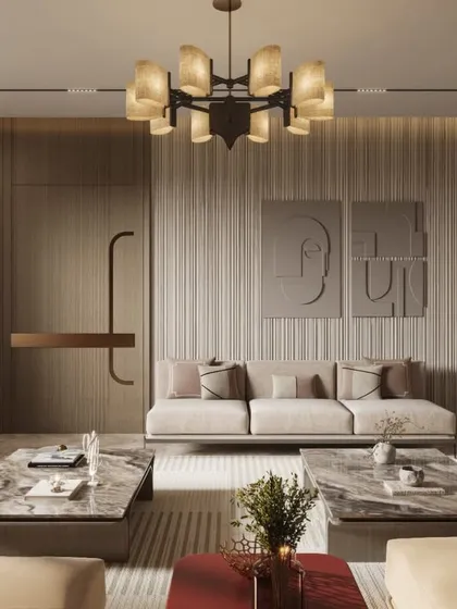 A collection of views from a contemporary living room, where neutral tones and varied textures create a calm, sophisticated environment. We've focused on the interaction of different materials, from the plush striped chairs to the marble coffee tables.