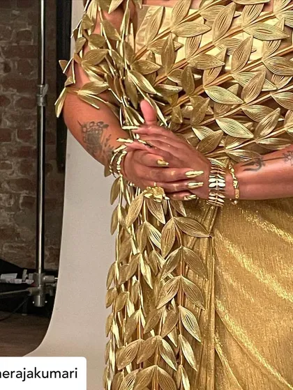 A golden goddess. I created these metallic gold nails for Raja Kumari to match this stunning golden sari by Rimzim Dadu.