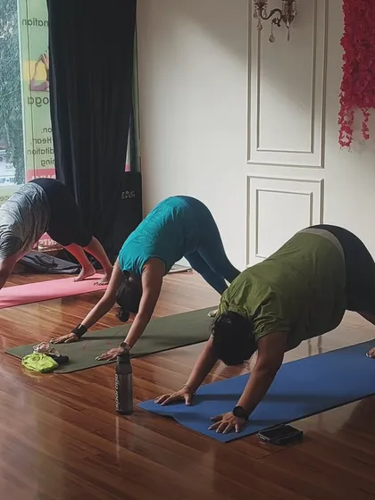 Proper alignment is key. Here, my students are in Adho Mukha Svanasana, or Downward-Facing Dog, focusing on lengthening their spines and opening their shoulders.