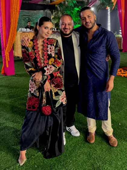 With fashion influencers Niki Mehra and Mister Madan at a Mehndi function. It's always great to see familiar faces and friends at the events I play.