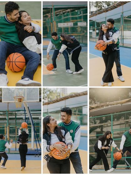 A grid showcasing the variety of shots from the basketball-themed pre-wedding session. It highlights their playful interactions, from shooting hoops to sharing quiet moments on the court.