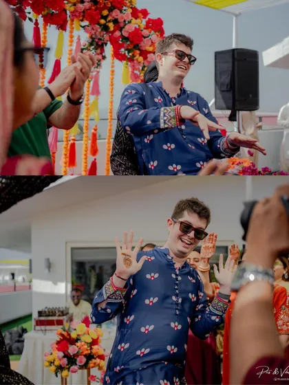 The groom shows off his dance moves and henna-adorned hands. These candid shots capture the fun and excitement of the Mehendi and Sangeet festivities.